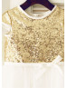 Cap Sleeves Gold Sequin Ivory Tulle Knee Length Flower Girl Dress